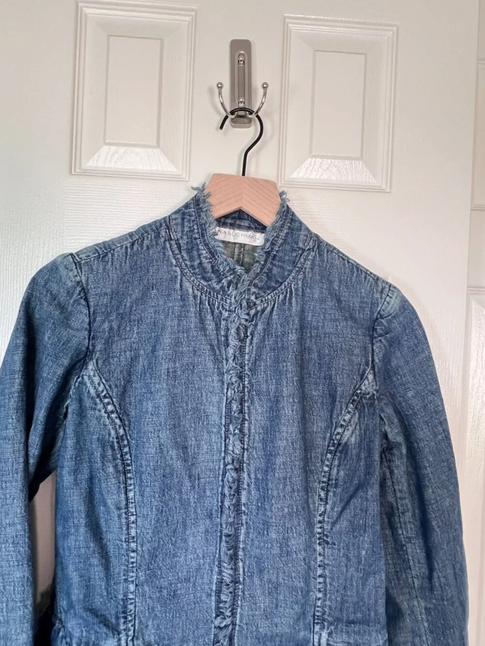 Y2K Frayed Edges 100% Cotton Open Cuff Denim Jacket Size 2 Grunge Alt Streetwear
